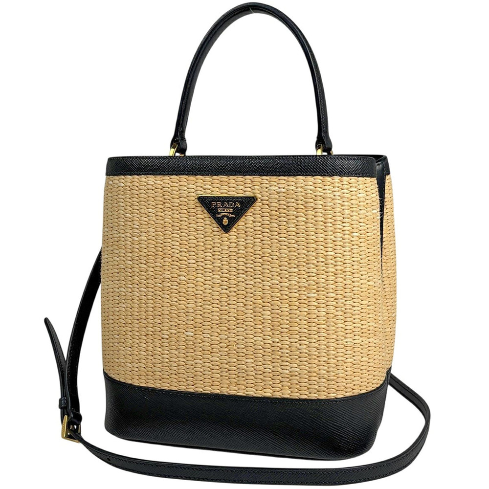 Prada Panier 2way Shoulder Bag Straw Tan Beige Cream Black